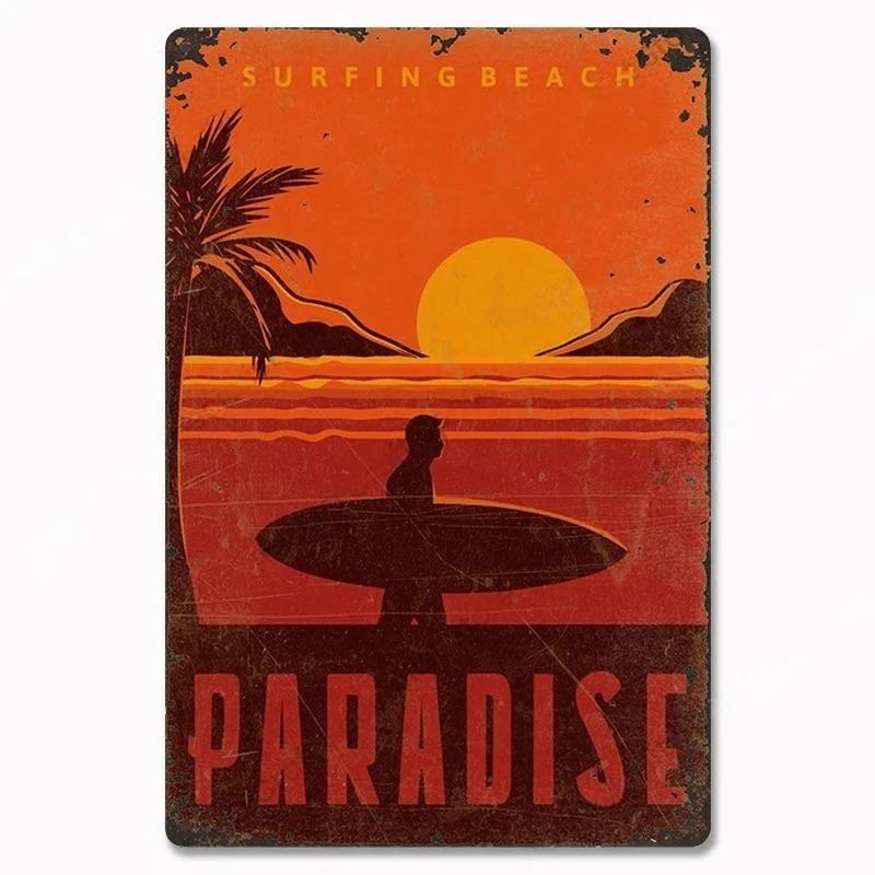 Vintage Metal Tin Signs Poster Hawaii Beach Party Poster Surfing Paradise for Beach Bar Cafe Club Home Room Wall Decor