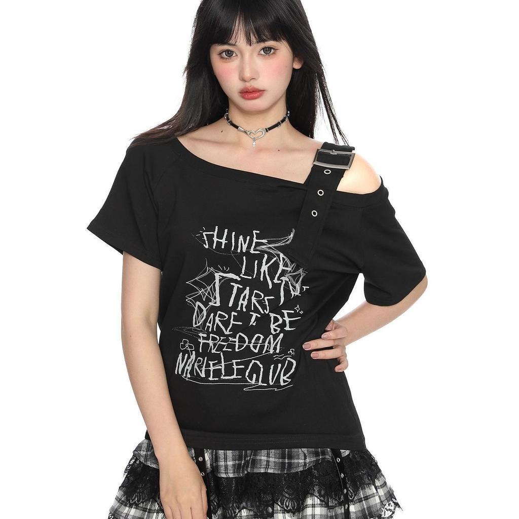 Asymmetric Off Shoulder Letter Print T-Shirt, Adjustable Strap Loose Short Sleeve Top