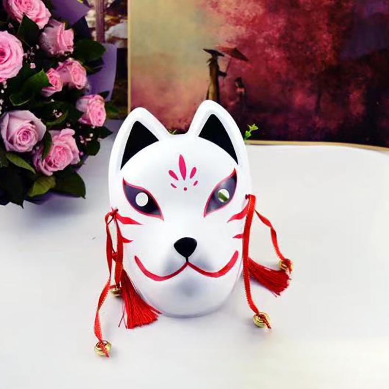 Japansk Håndlavet Ræve Cosplay Fuld Ansigt Maske Med Kvast Lille Klokke Maskerade