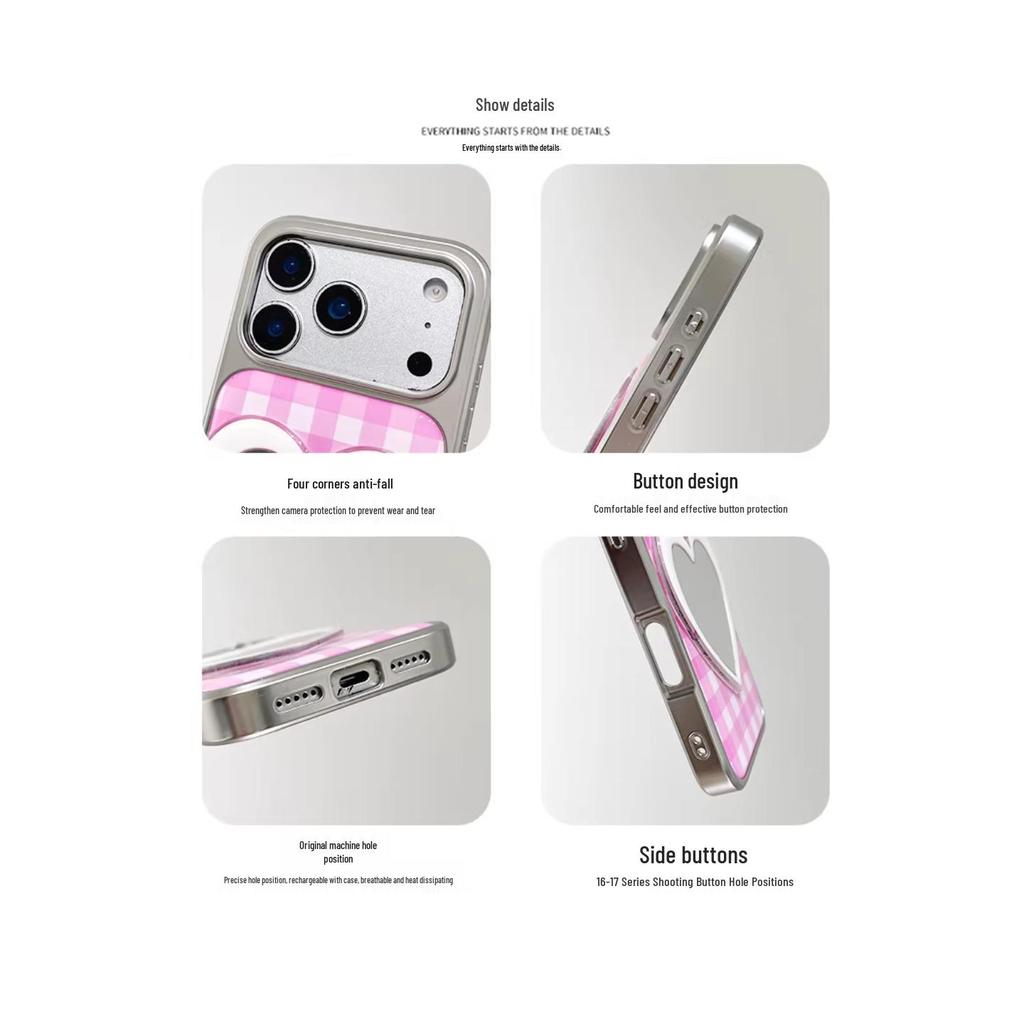 Pink Plaid Heart Mirror Phone Case for iPhone 6/7 Pro Max - Japanese Korean Style