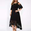 Women Lace Patchwork Ruffle Sleeve Pullover Dress Cold Shoulder Midi Dress with Floral Hemline for Casual and Semi-Formal Wear