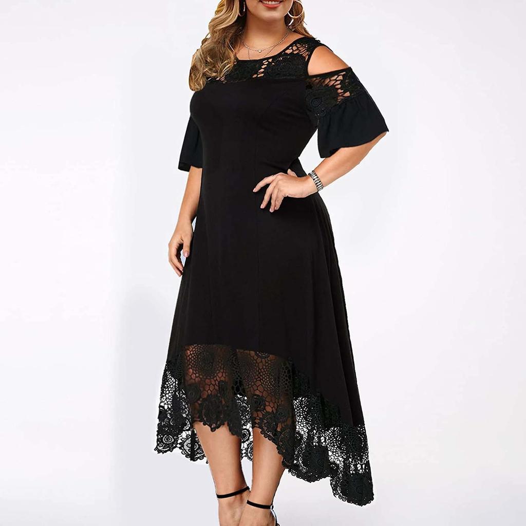 Women Lace Patchwork Ruffle Sleeve Pullover Dress Cold Shoulder Midi Dress with Floral Hemline for Casual and Semi-Formal Wear