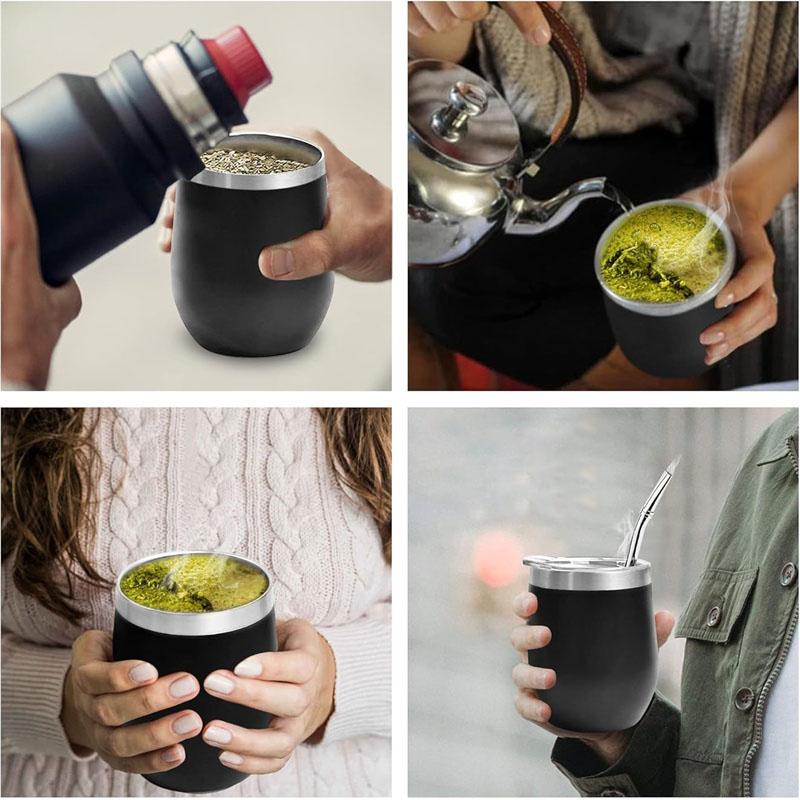 4pcs Yerba Mate Cup Set Stainless Steel Double Wall Mate Cup And Bombilla Set 350ml Heat Insulation Anti Scalding Coffee Mug