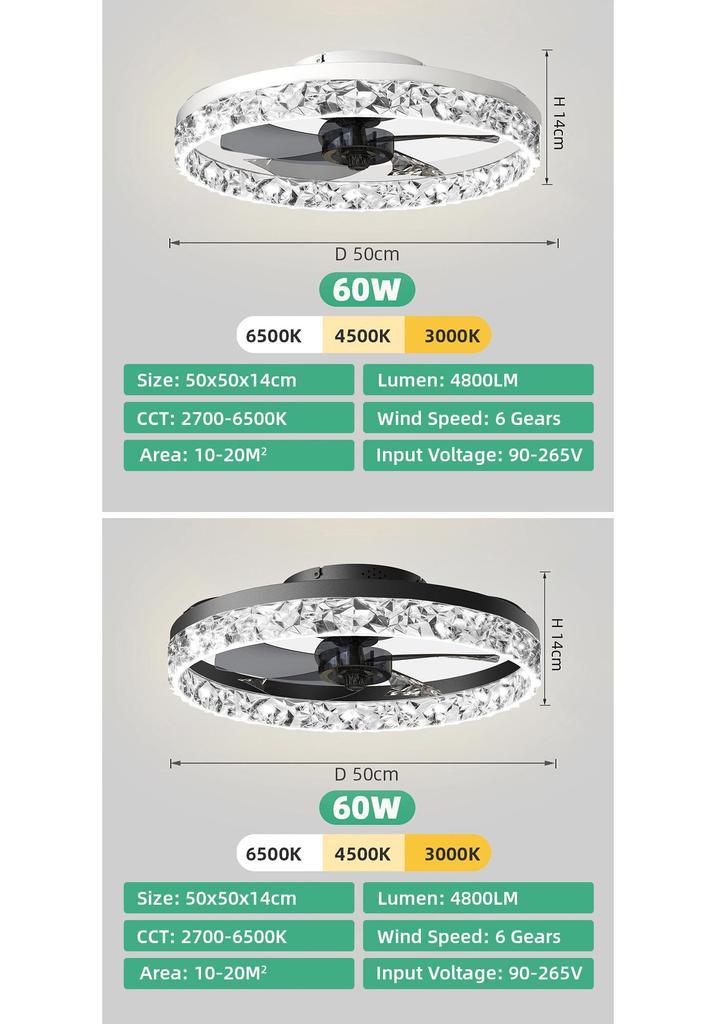 20-inch Crystal Ceiling Fan Light with Smart Remote - Modern Nordic Style