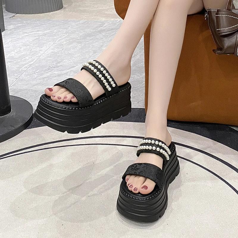 8CM Women's Pearl Strap Chunky Sandals Summer Pink Thick Bottom Wedge Slippers Woman Lace Platform Slides Shoes Mujer