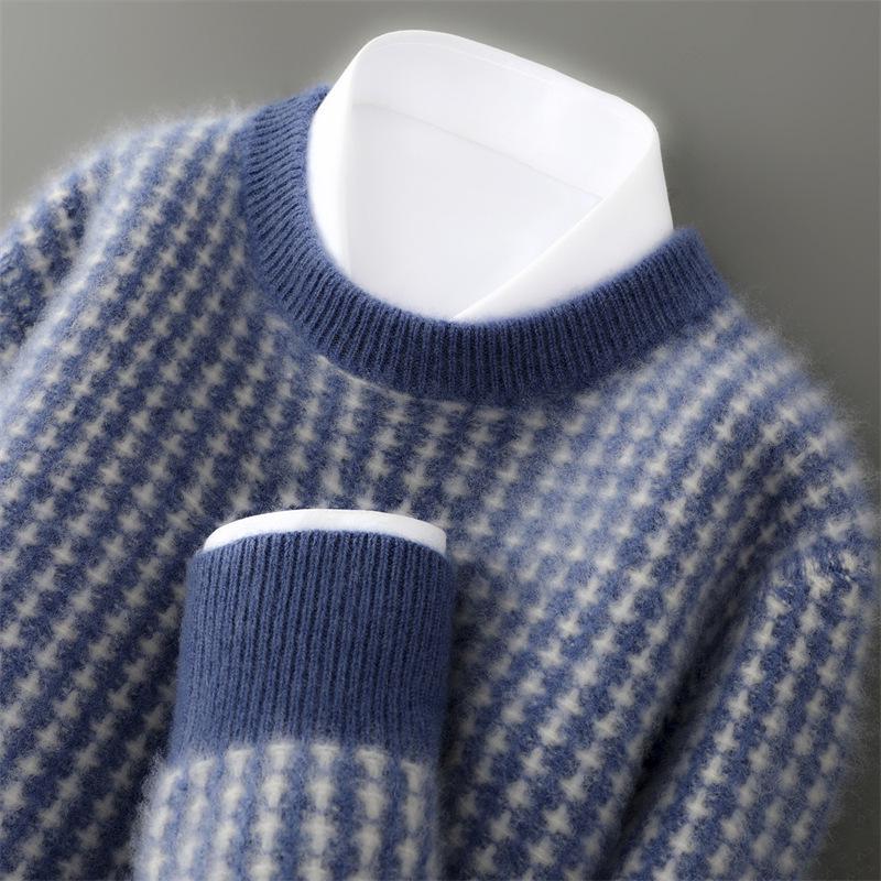 Men s Round Neck Striped Wool Sweater - Long Sleeve Loose Fit Casual Pullover 3XL синий/цветочный