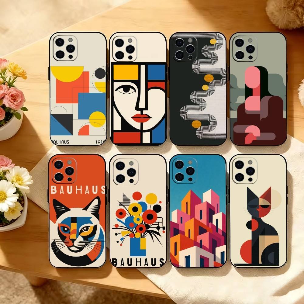 Minimal Bauhaus Pattern Phone Case For iPhone 17,16,15,14,13,12,11 Plus,Pro Max,XS,Soft Silicone Black Cover