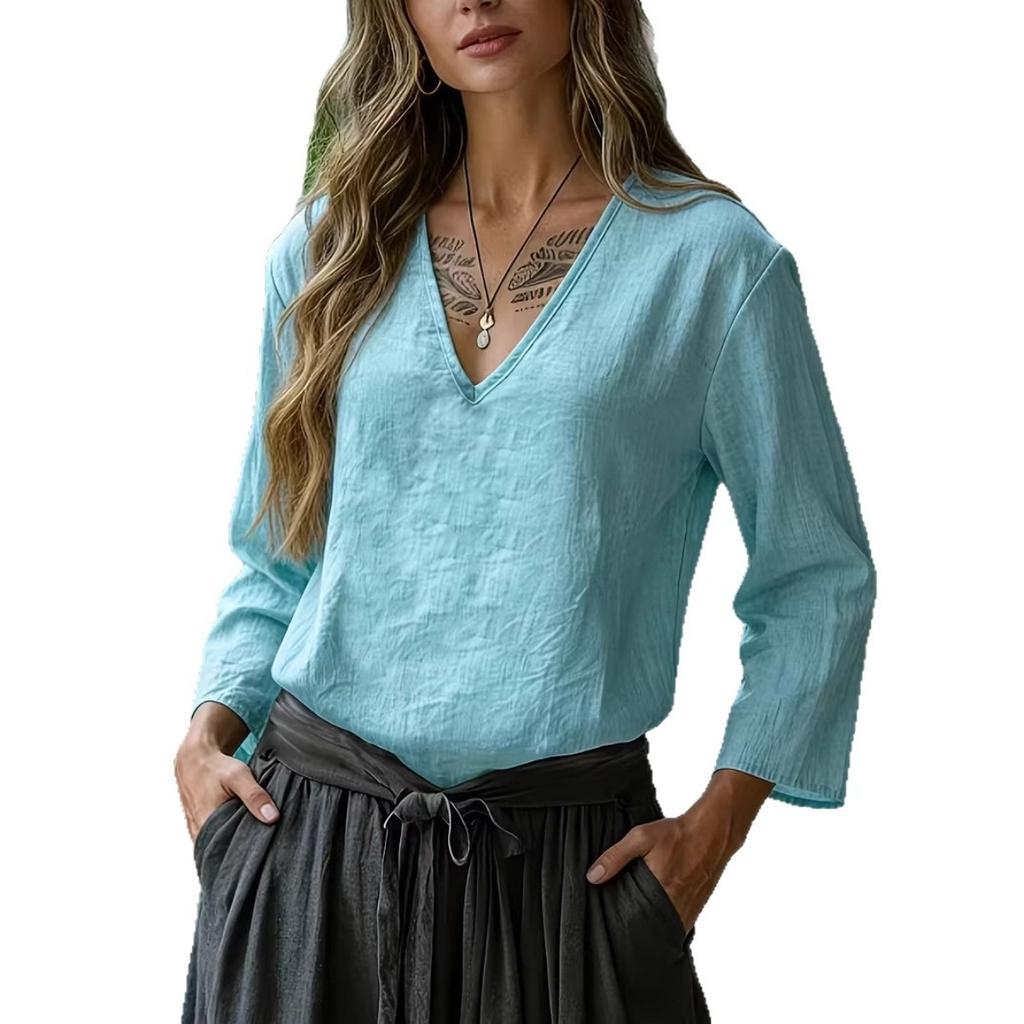 Spring Summer Women's Loose Solid Color V-neck Three-quarter Sleeve Cotton Linen T-shirt, European American Style Casual Crossborder Women's Top