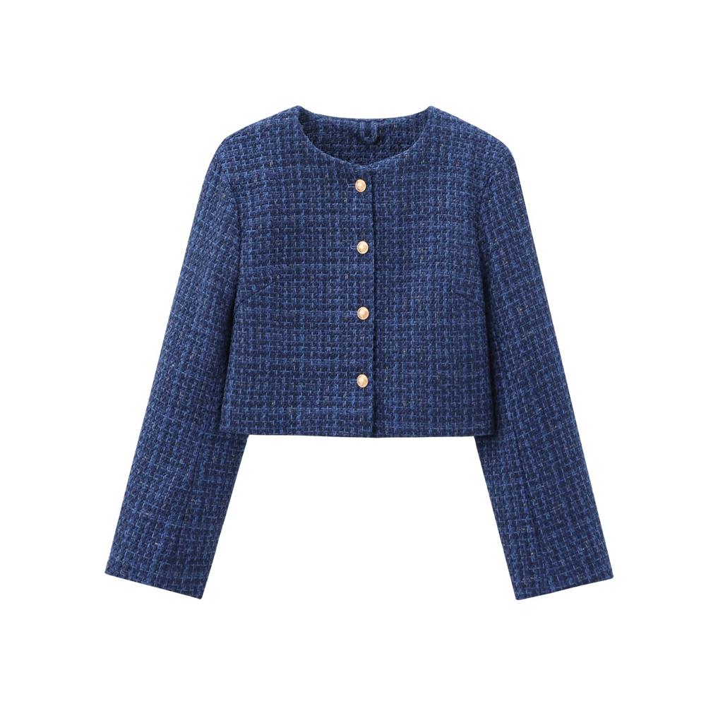 Women's Tweed Crop Jacket with Golden Buttons O Neck Long Sleeve Coat Female Outerwear