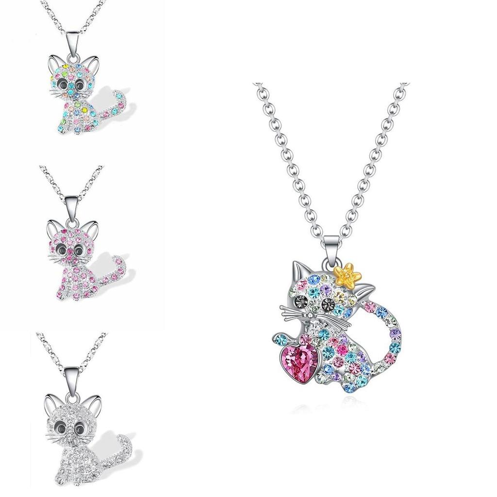 Colorful Heart Cat Necklace With Electroplated Finish For Women Jewelry