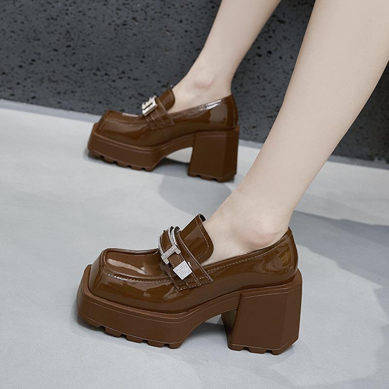 Platform loafers women's 2025 spring and autumn new versatile height increase one pedal thick heel black British style small leather shoes