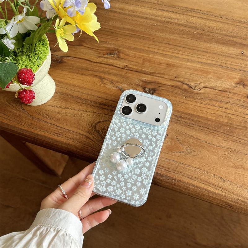 Elegant Floral Print Glitter Case With Pearl Ring Holder For iPhone 14 15 16 17 Pro Max INS Kawaii Style Large Window Shockproof