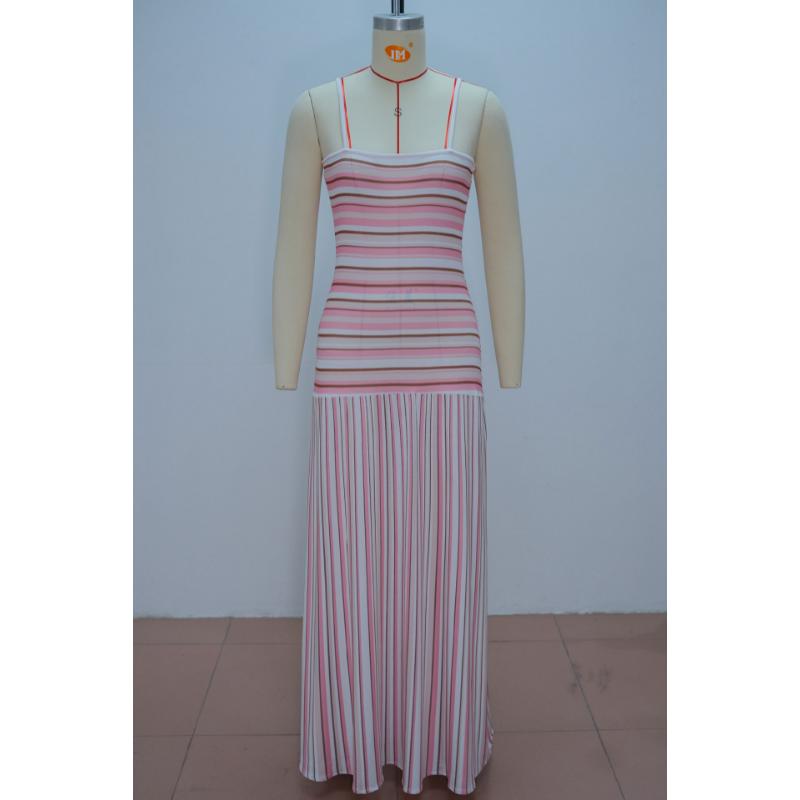 Women Summer Striped Spaghetti Strap Maxi Dress Backless High Waist Slim Fit Pleated Flared Hem Elegant Casual Vacation Bodycon Floor Length Sundress