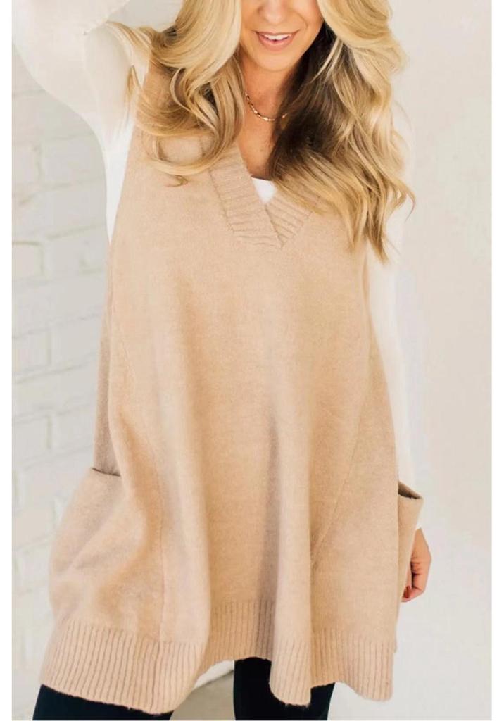 Women's Autumn/Winter V-Neck Casual Loose Knit Sweater Vest with Pockets