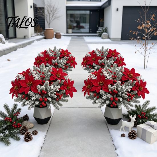 Red Poinsettia Stakes 17Pcs Christmas Stems, Artificial with Frosted Pine Branches Reusable Holiday Floral Berries, Faux Winter Picks for Outdoor Yard