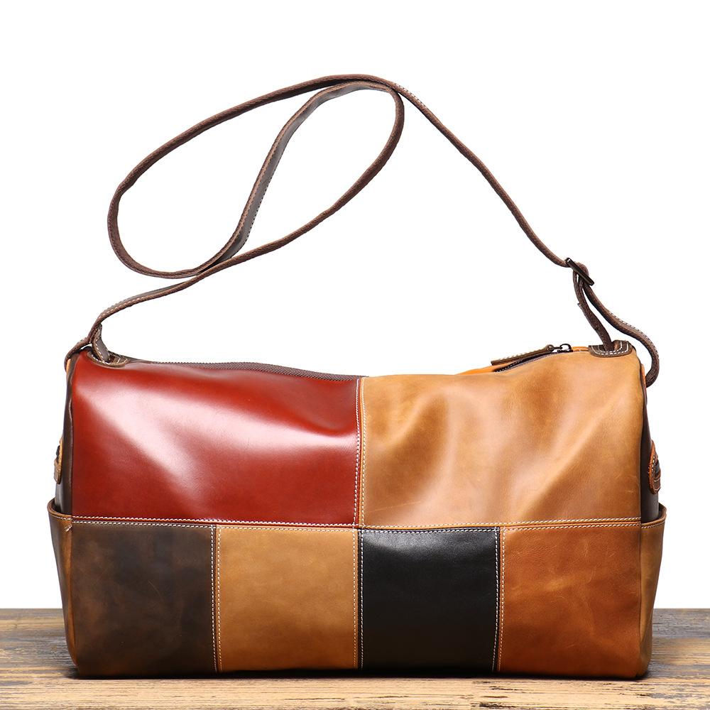 Retro Color Matching Leather Storage Bag Cowhide Business Trip Duffel Bag Large Capacity Shoulder Messenger Travel Bag