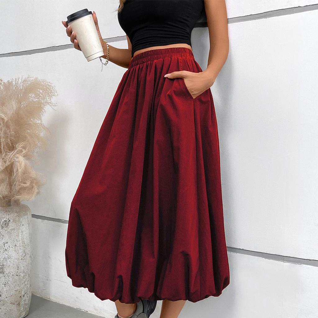 Damen Maxirock A-Linie mit hoher Taille und Taschen Elastischer Bund Lockere Passform Lässiger Langer Rock für den Alltag