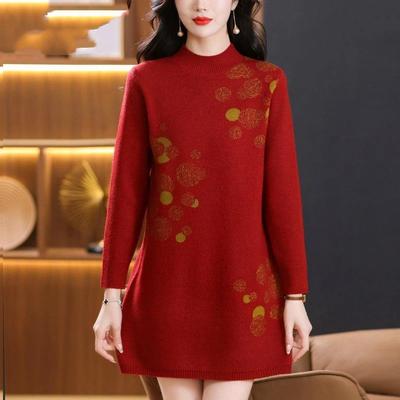 Pull en laine pour femme Nouveau floral ample mode mi-long pull de fond col roulé
