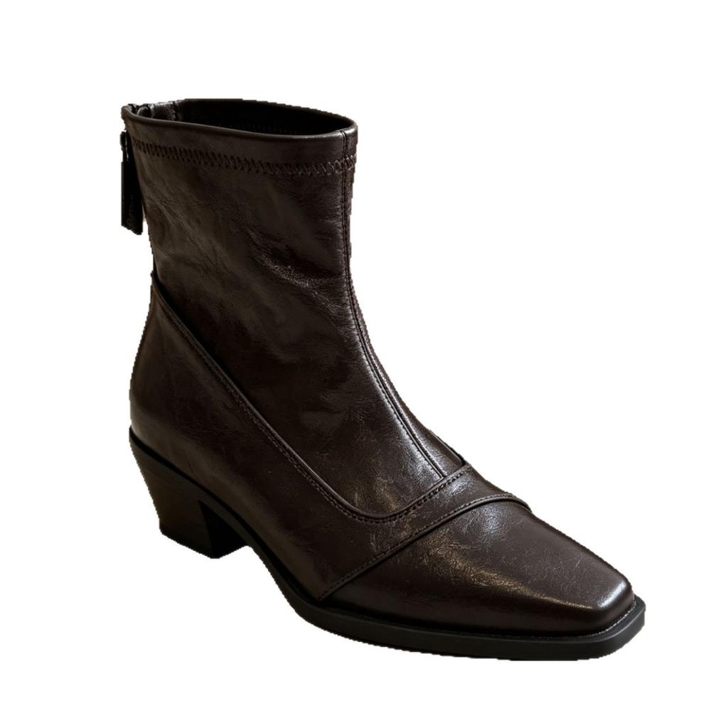 Soft leather version~ Minimalist soft leather handsome thin boots women's pointed head thick heel rear zipper thin versatile commuting boots