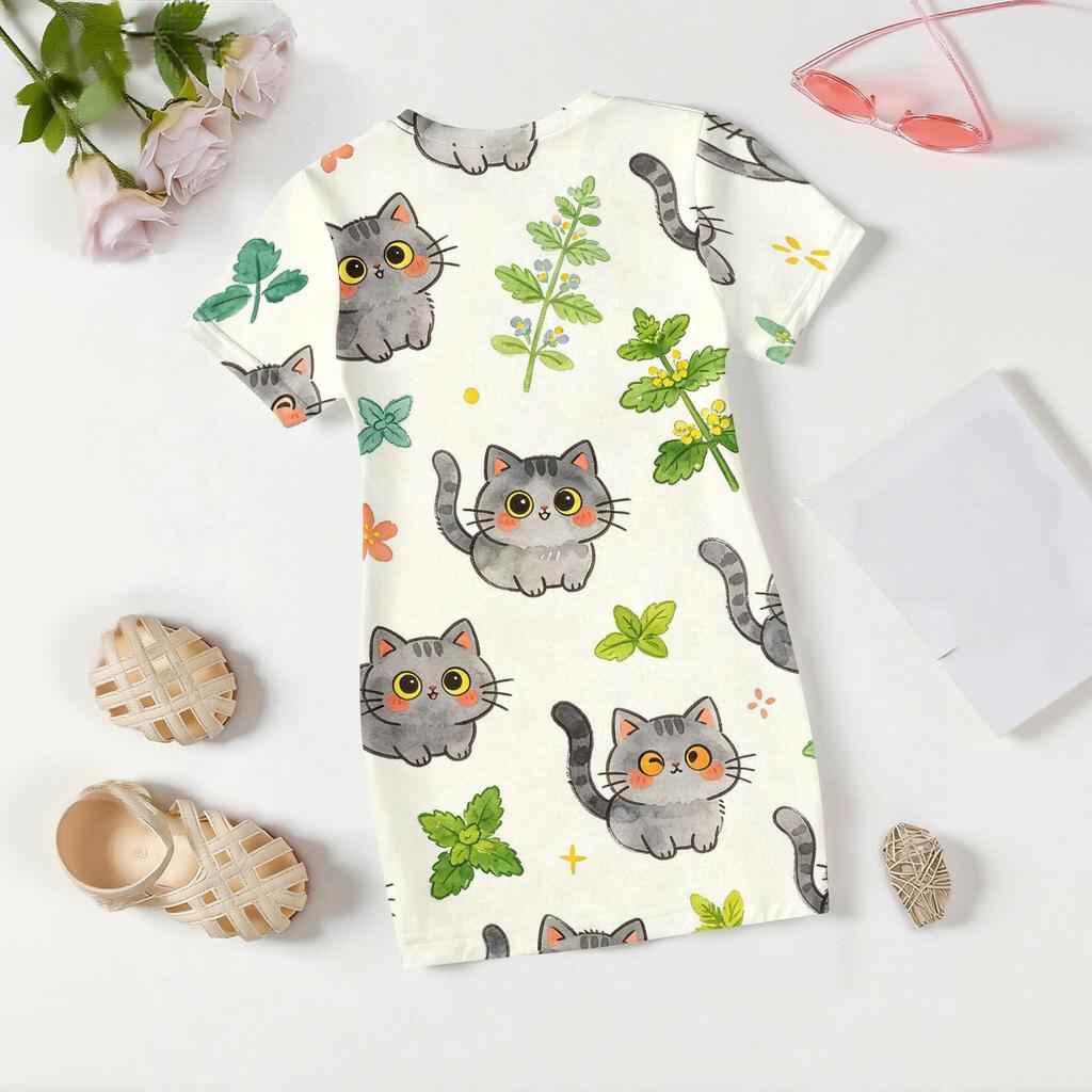 Girls Loose Fit Short Sleeve Dress Lightweight Round Neck Casual Dress with Animal Print Pattern for Kids Summer Wear