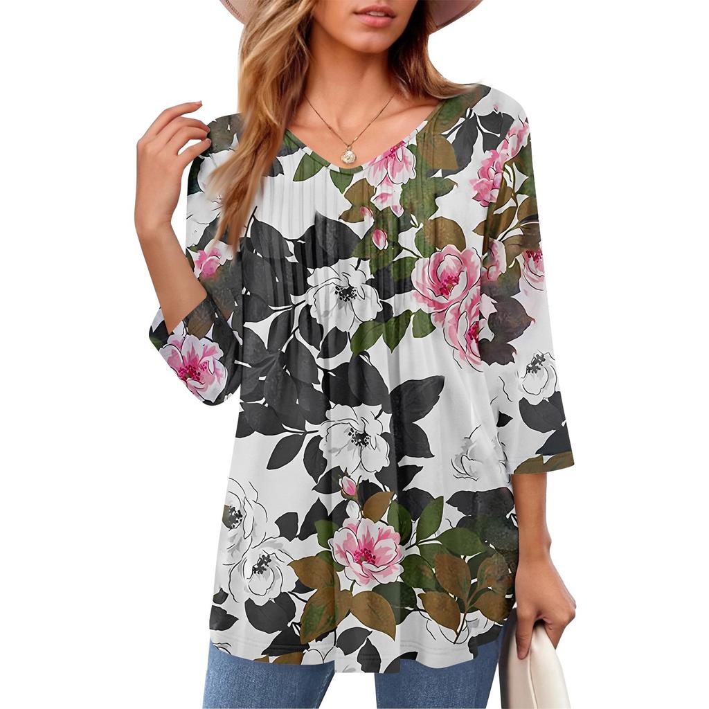 Damen Tops V-Ausschnitt Dreiviertelärmel Gestreift Plissee Casual Sommermode Shirt Tops