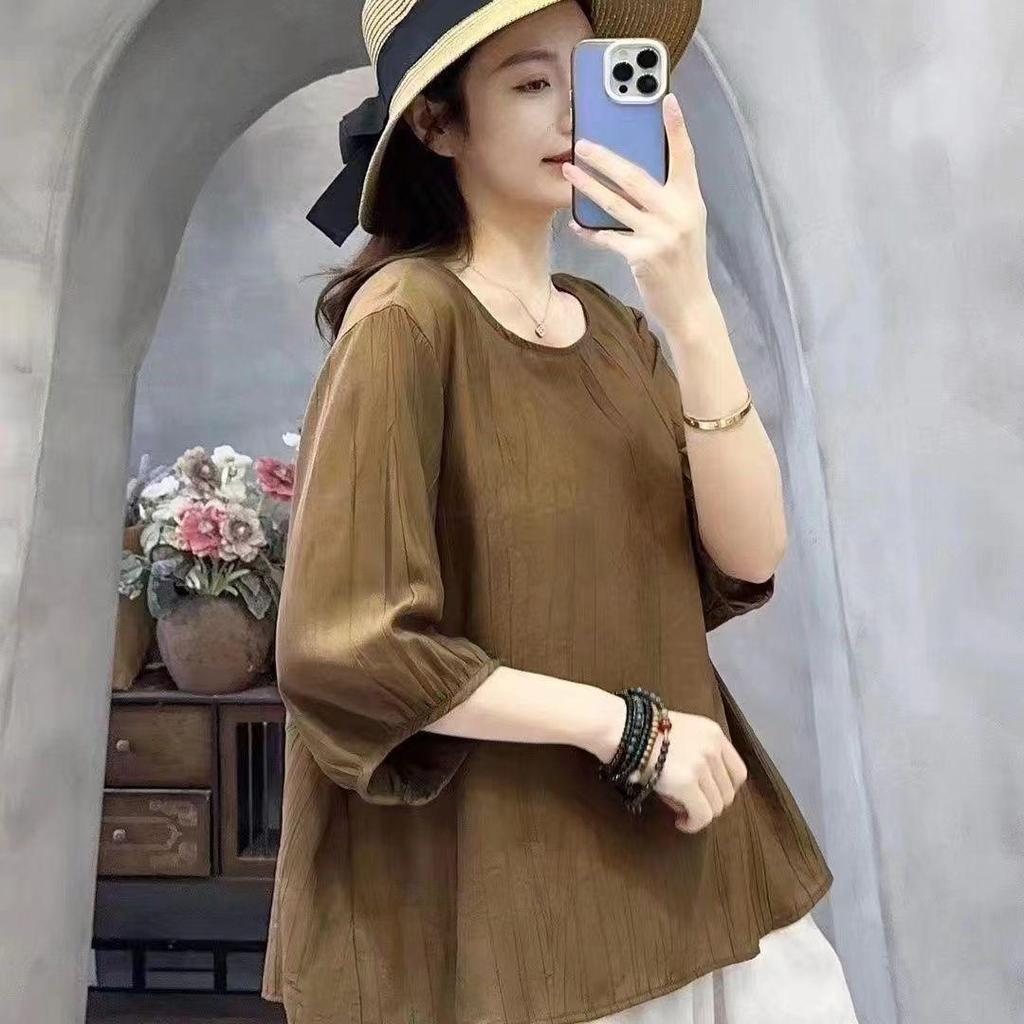 2024 Damen Tencel Baumwolle Leinen Mittellangärmelige Lockere Freizeitbluse mit Schlankmachender Bauchkontrolle für Mittelalte und Ältere