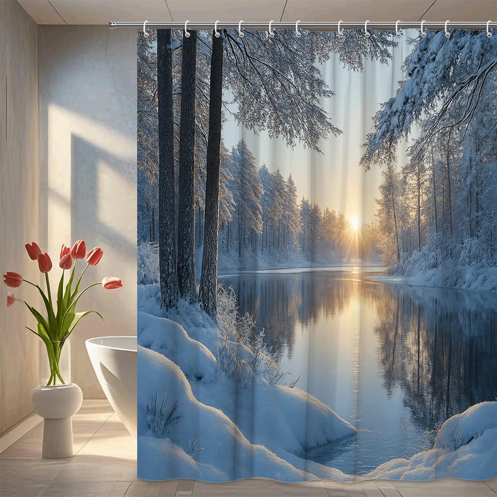 

Winter Forest Shower Curtain Snowy Trees Lake Sunset Scene Waterproof Easy To Install Enhance Your Space Quick Setup W60H190(CM)-1 Pcs
