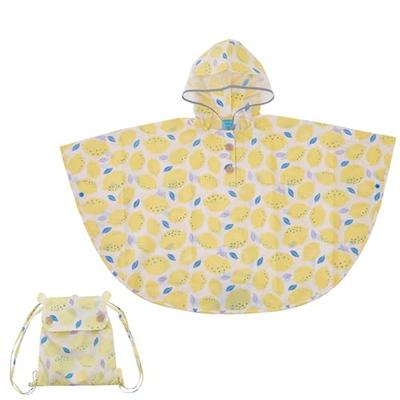 Kids' Rain Poncho, 90cm, Kukka Hippo Lemon, with Reflective Tape, Hippo-Shaped Backpack with Storage Bag, 83364