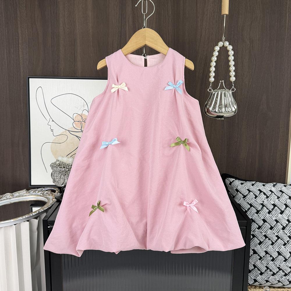 Girls Summer Pink Princess Vest Dress Sweet Bow Sleeveless Bud Skirt Baby Dress 100cm