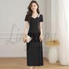 Elegant Black French Halter Neck A-line Dress – Women's Summer Waist-Cinching Long Short-Sleeved Dress