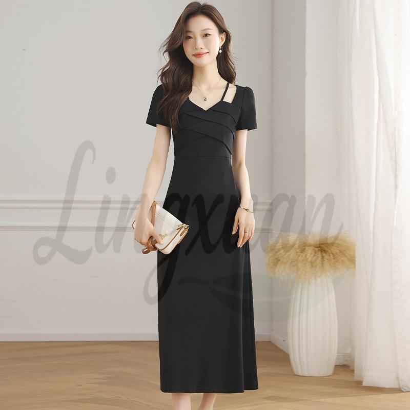 Elegant Black French Halter Neck A-line Dress – Women s Summer Waist-Cinching Long Short-Sleeved Dress L