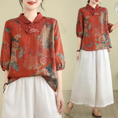 Casualowe bluzki koszulowe w stylu chińskim dla kobiet, na lato, z nadrukiem vintage, luźne, z krótkim rękawem, bawełniane topy koszulowe