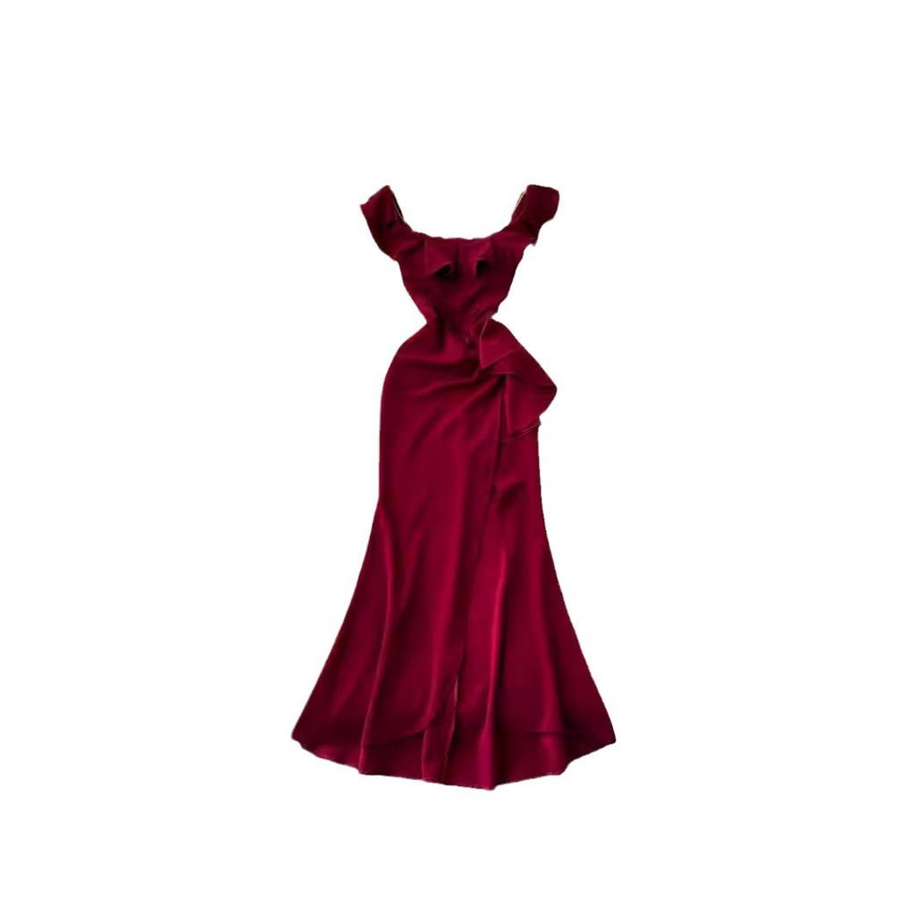 One-word Shoulder Burgundy Tube Top Banquet Evening Dress Dress High Texture Sexy High Split Harpoon Tail Dress Long