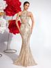 Luxuriöses gestreiftes Pailletten-Neckholder-Abendkleid mit schulterfreiem Schnitt