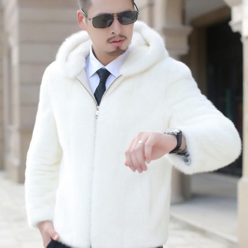Winter men's imitation mink coat thickened casual imitation mink imitation fur white hooded imitation fur