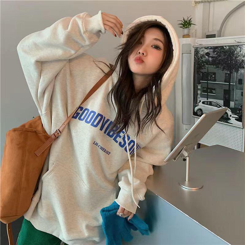 Women Long Sleeve Hooded V Neck Loose Pullovers Female Tops Solid Color Sweatshirts