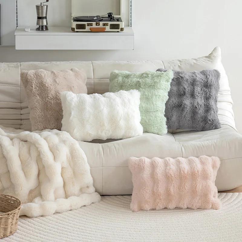 B032 Imitation Rabbit Hair Bubble Pile Pillow Autumn and Winter Solid Color Plush Living Room Sofa Cushion Pillow Cover