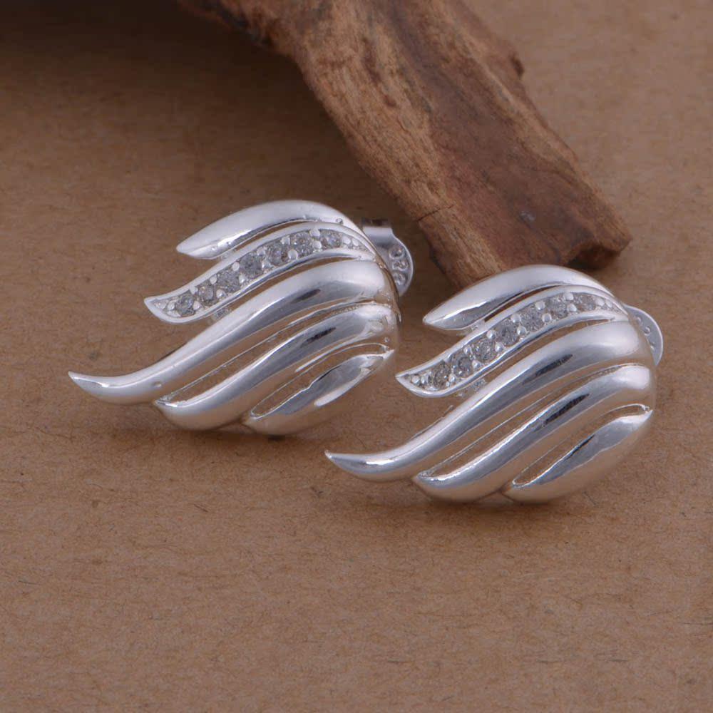 Korean Style 925 Sterling Silver Feather Earrings with Diamond Design