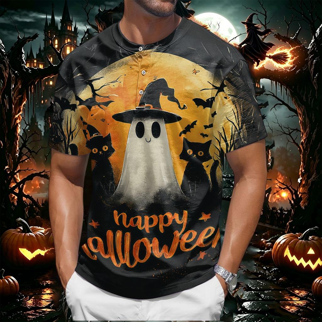 Mens Halloween Print Crew Neck Short Sleeve T Shirt Soft Fabric Casual Fit Pumpkin Pattern Comfortable Top
