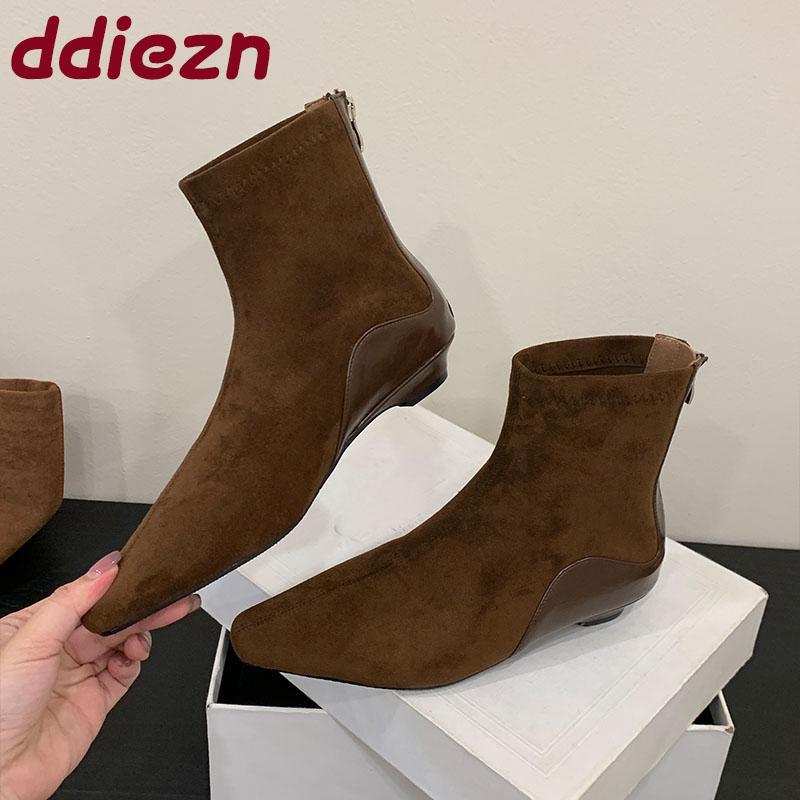 Mode Damen Spitzschuhe Damen Stiefeletten Modern mit niedrigem Absatz Schuhe Mode Flock Damen Kurze Stiefel Reißverschlüsse Schuhe Dame