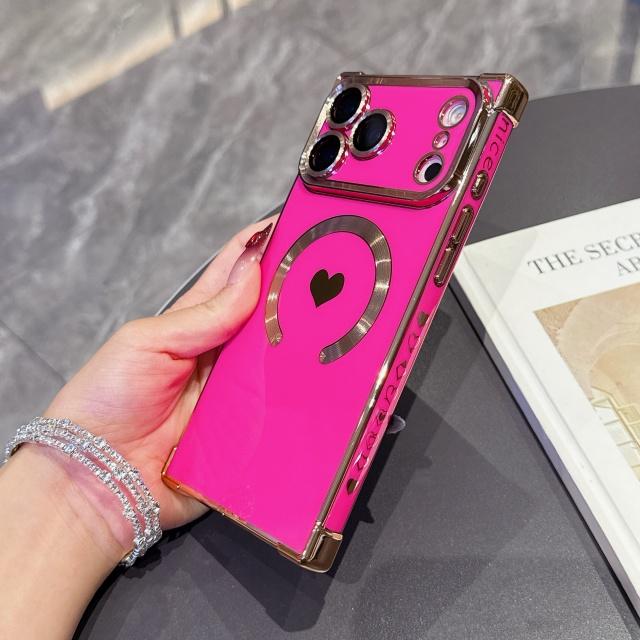For For Iphone 17 Air Pro Max  Plating Love Heart Frame  Magnetic Phone Case For For Iphone 13 14 15 16 Plus Back Cover