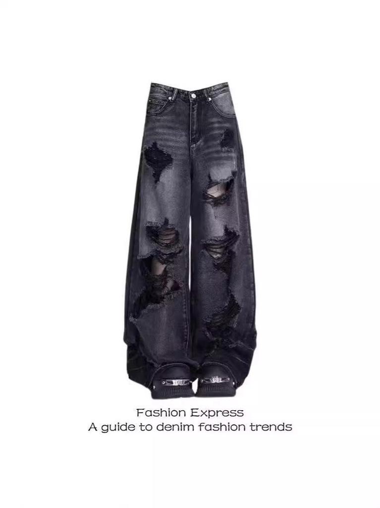 Unisex Distressed Wide-Leg High-Waist Jeans - All-Season Thin Fabric, Loose Fit, Floor-Length.