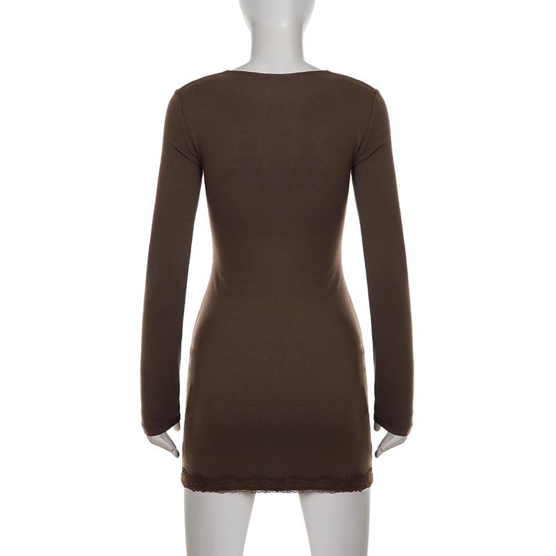 Lace Split Long Sleeve Slim Fit Mini Dress