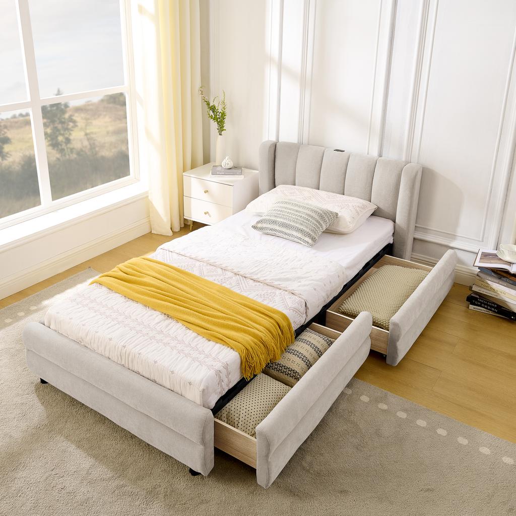 Single Bed 90x200 cm, Side Storage, USB Charging Port, Chenille Fabric, Ergonomic Design, Children's Room, Guest Room, Beige (without Mattress)