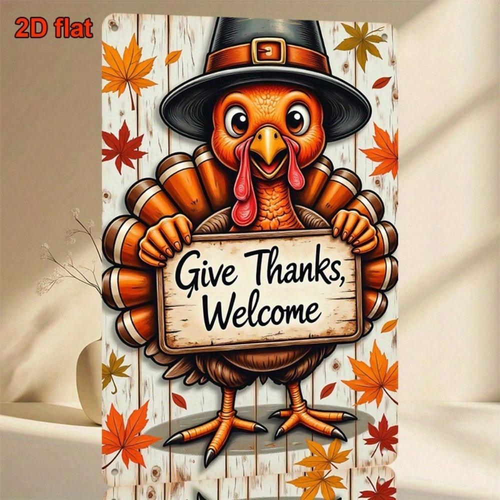 1pc Vintage Turkey Metal Wall Sign, Rustic Give Thanks Welcome Plaque, Smiling Turkey Autumn Leaves Thanksgiving Decor