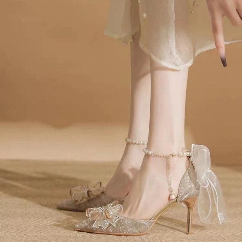 Women S Sequined Pointed Toe Bow One Strap Bridal High Heel Sandals