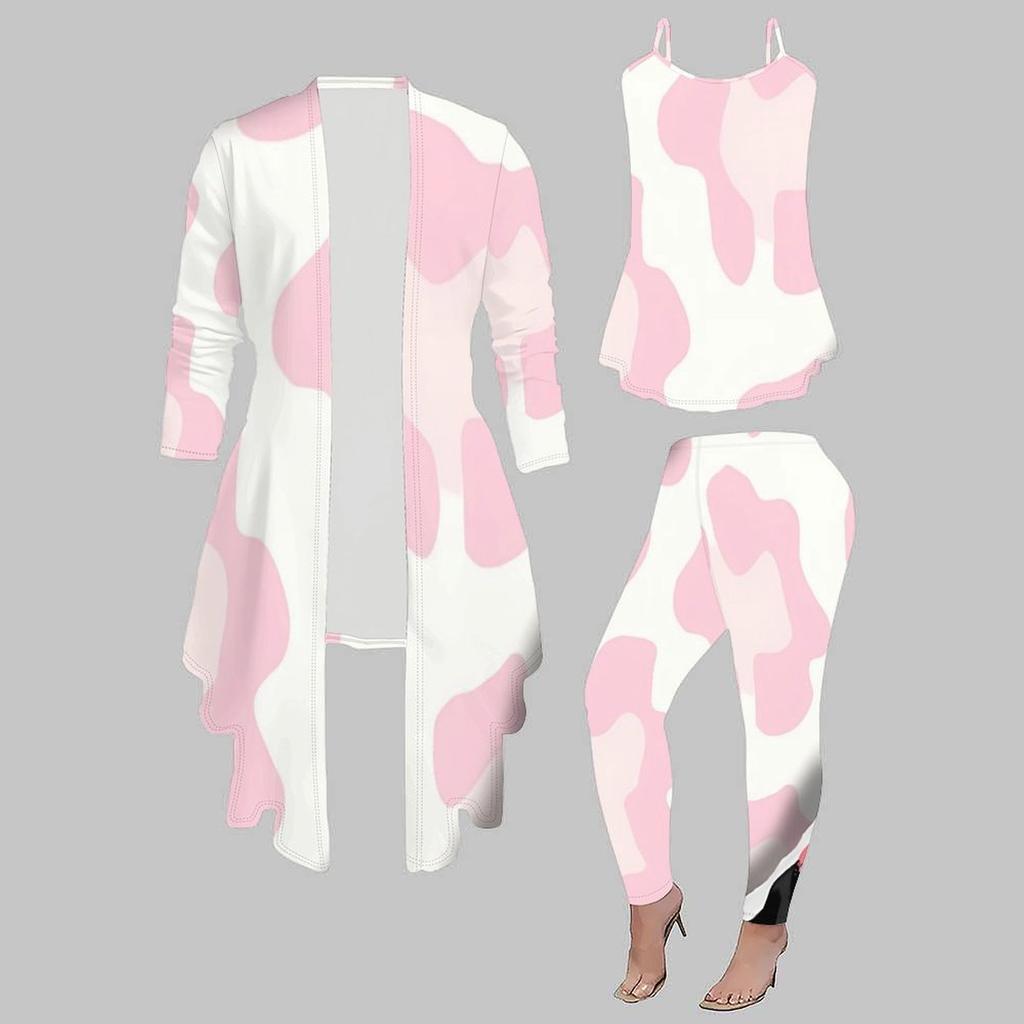 Plus Size Distressed Floral Print 3 Piece Outfit, Long Sleeve Open Front Cardigan Cami Top Leggings Set for Women