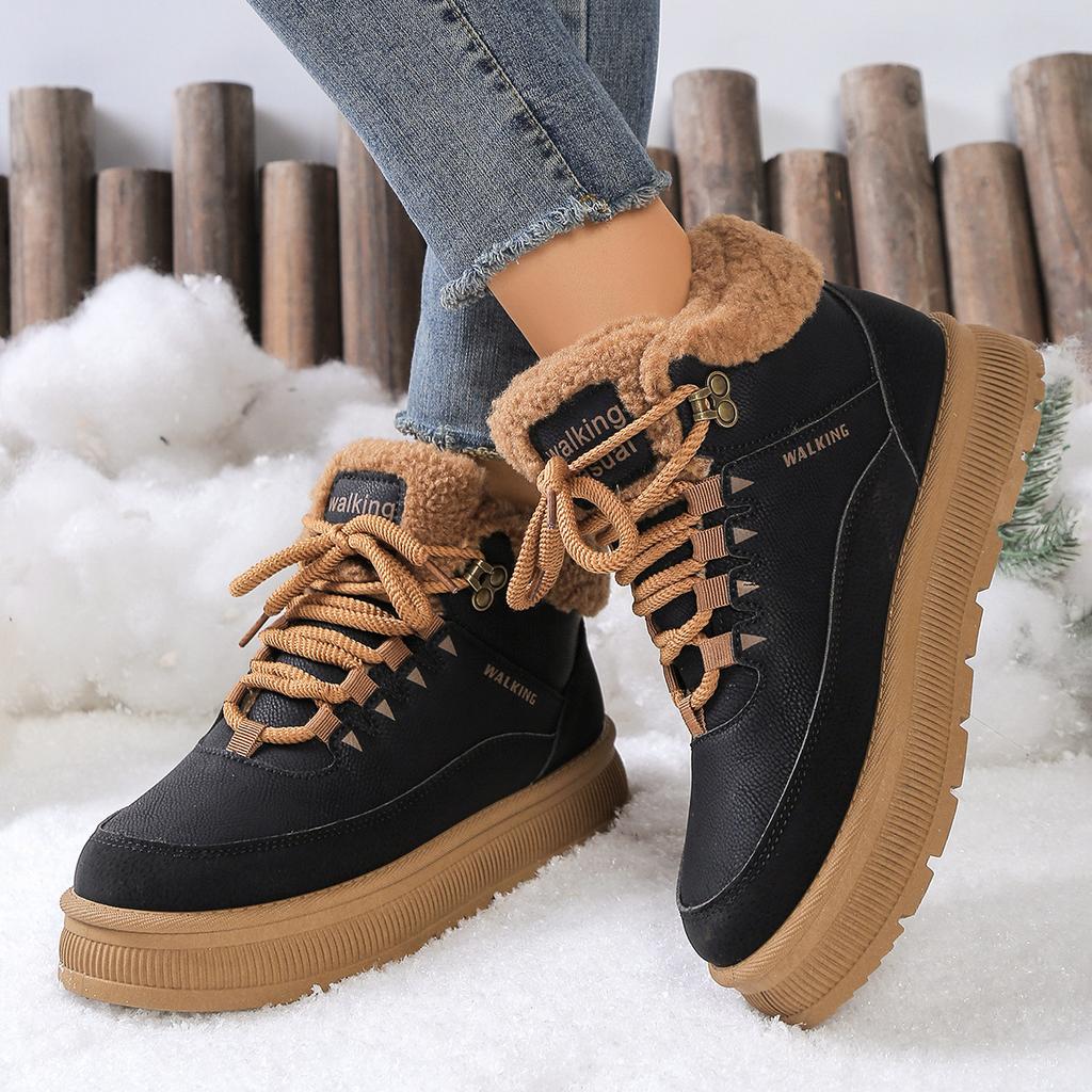 New Winter Snow Boots for Women,Large-sized  Thickened with Fleece Round Toe Lace-up, Anti-slip Cold-proof and Warm Cotton Boots