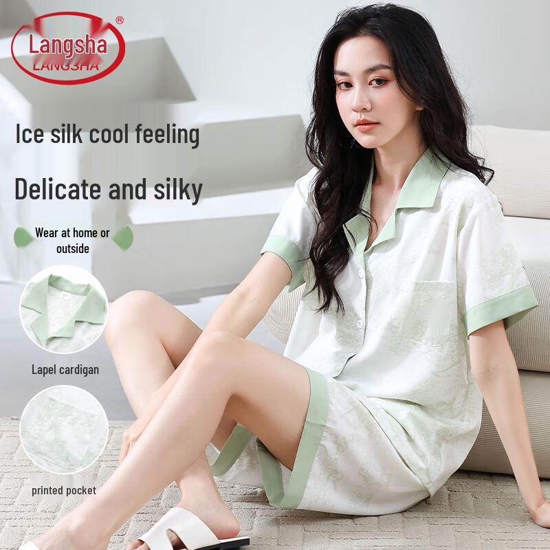 Langsha Women s Ice Silk Short Sleeve Pajama Set L
