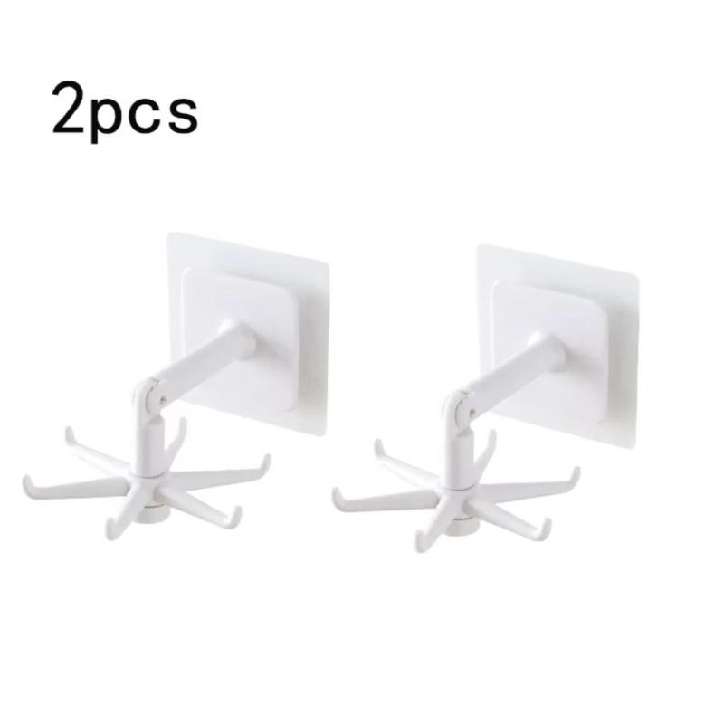 

1/2шт. Вращающиеся на 360 градусов кухонные крючки, складной настенный держатель, многоцелевой крючок, самоклеящийся крючок, стойка для посуды с 6 крючками White 2PCS